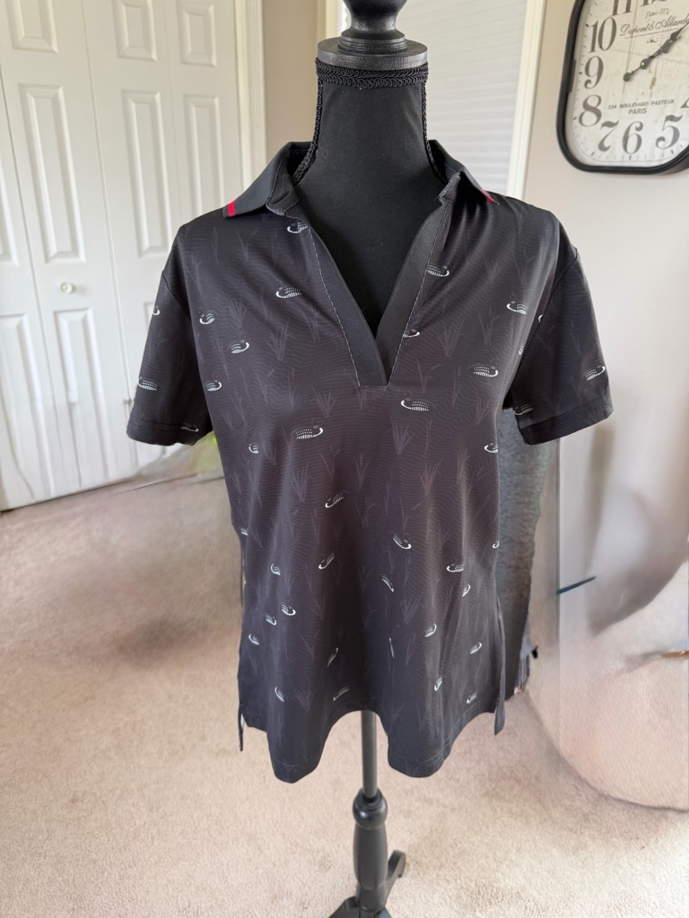 Black Patterned Short-Sleeve Polo Top